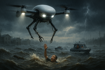 Drone assisting in a flood rescue mission during extreme weather conditions